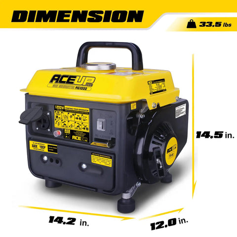 Portable 1200 Watt Gas Powered Generator For Camping And Home Use Ultralight 35 Pound Design side view with dimensions