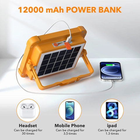 Rechargeable LED Work Light On The Go Portable Solar Powered Floor Lamp With 100W Output and charging devices
