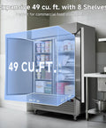 Top Tier Commercial Upright Freezer With Smart WiFi App Remote Control And Auto Defrost 49CuFt showcased with 8 shelves and interior contents.