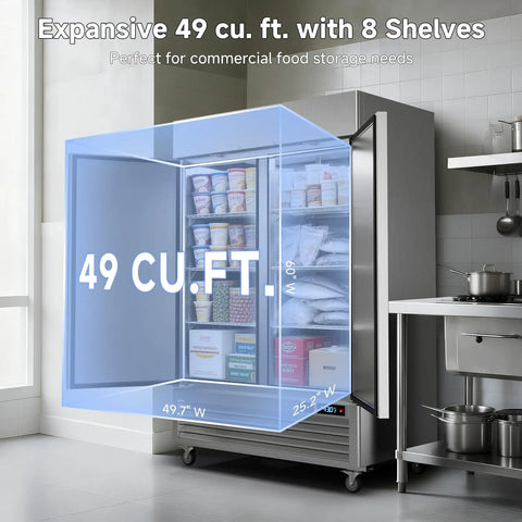 Top Tier Commercial Upright Freezer With Smart WiFi App Remote Control And Auto Defrost 49CuFt showcased with 8 shelves and interior contents.