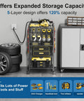Five Tier Power Tool Organizer Cart With Charging Station And Wheels, Eight Outlet Hub For All Your Gear in a garage setup