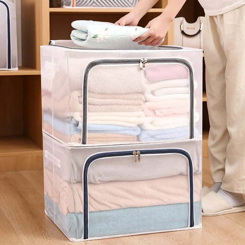 Two clear and gray Huge 80L Foldable Storage Bins Organizer with metal frame and durable handles stacked in a wardrobe setting.