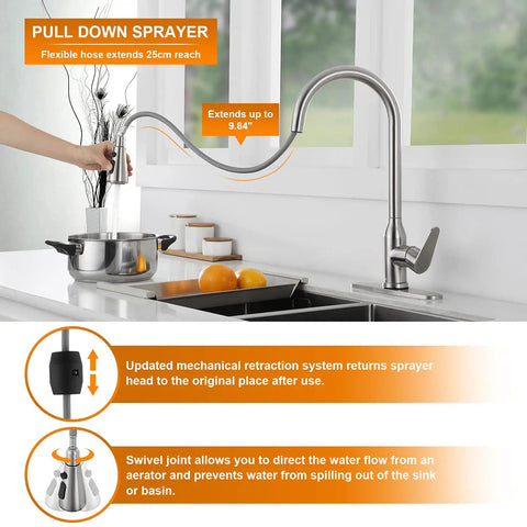 Touch Activated Kitchen Faucet With Pull Down Sprayer Hands Free Sensor Sink Tap In Brushed Nickel Stainless Steel shown in use