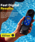 User holding a Digital Pool Test Kit for swimming pools, testing water parameters in sunny surroundings.