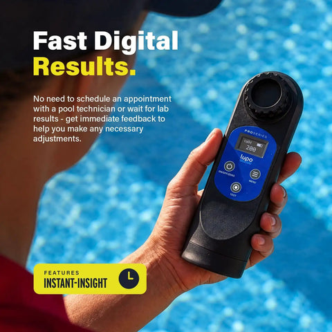 User holding a Digital Pool Test Kit for swimming pools, testing water parameters in sunny surroundings.
