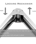 Close-up of locking mechanism on Two Pack Black Kitchen Tongs Set Pro Grade Silicone BPA Free Nonstick Stainless Steel BBQ Grilling Tongs.