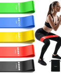 5 Pack Resistance Bands Set For Home Gym Workouts Must Have Elastic Exercise Bands For Strength Training Stretching Pilates Yoga And Physical Therapy Full Body Tone For Women And Men displayed with woman exercising