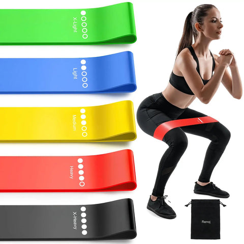 5 Pack Resistance Bands Set For Home Gym Workouts Must Have Elastic Exercise Bands For Strength Training Stretching Pilates Yoga And Physical Therapy Full Body Tone For Women And Men displayed with woman exercising