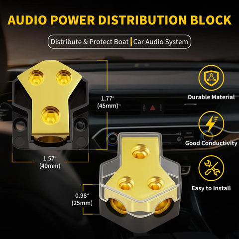 Heavy Duty 12V Car Audio Power Distribution Block 2 Way In 0 2 4 Gauge To Out 4 6 8 Gauge Amp Splitter For Automotive Marine Boat 2 Pack Easy Install Grounded Power Hub, gold and black with cover