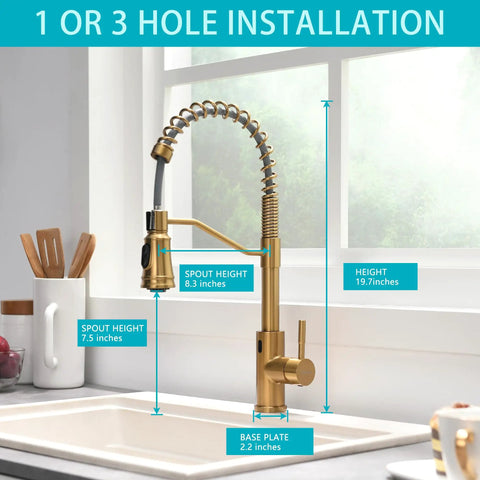 Touchless Kitchen Faucet With Pull Down Sprayer In Brushed Brass next to window, motion sensor hands free water faucet for sink.