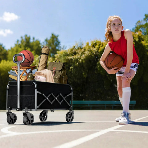 Collapsible Wagon Cart With Adjustable Handle No-Fuss 360 Lb Capacity Lightweight Black Haul Wagon on basketball court
