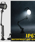 Heavy Duty Articulated Led Machine Work Light Hella Bright 2160 Lumens 18W Dimmable Swing Arm in rain, showcasing IP67 waterproof lamp head.