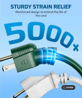 Green 40 Ft Outdoor Extension Cord With 1 To 3 Splitter, 3 Prong Outlets, highlighting strain relief flexibility and durability