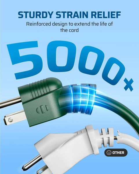 Green 40 Ft Outdoor Extension Cord With 1 To 3 Splitter, 3 Prong Outlets, highlighting strain relief flexibility and durability