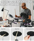 Person playing electronic drum set for beginners with quiet mesh pads and Bluetooth, 20 piece kit, 350 sounds, purple finish