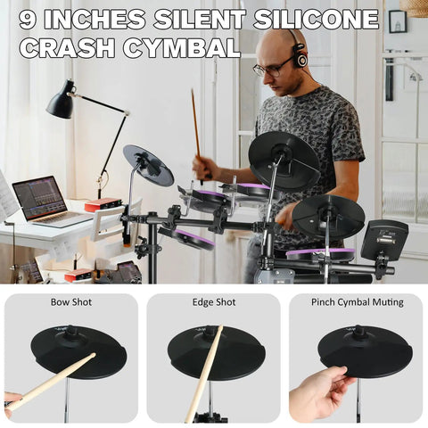 Person playing electronic drum set for beginners with quiet mesh pads and Bluetooth, 20 piece kit, 350 sounds, purple finish