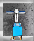 Full Auto Plastering Machine Cement Render Rig Wall Polisher For Construction Sites And Home Reno Boss Level Finish Smooth Operator Drywall Workhorse Tool on wheels against textured wall.