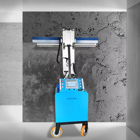 Full Auto Plastering Machine Cement Render Rig Wall Polisher For Construction Sites And Home Reno Boss Level Finish Smooth Operator Drywall Workhorse Tool on wheels against textured wall.