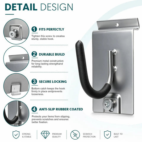 Detail design of 20 Piece Heavy Duty Slatwall Hook Kit with PVC back panel steel hangers and anti-slip rubber coating features