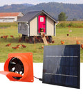 20W Solar Powered Exhaust Fan Kit with Monocrystalline Silicon 5V Panel, shown with chicken coop background.