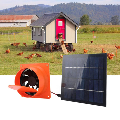 20W Solar Powered Exhaust Fan Kit with Monocrystalline Silicon 5V Panel, shown with chicken coop background.