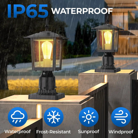 Outdoor Post Light Fixture With Dusk To Dawn Sensor Six Inch Aluminum Lantern With Clear Glass in rainy garden setting