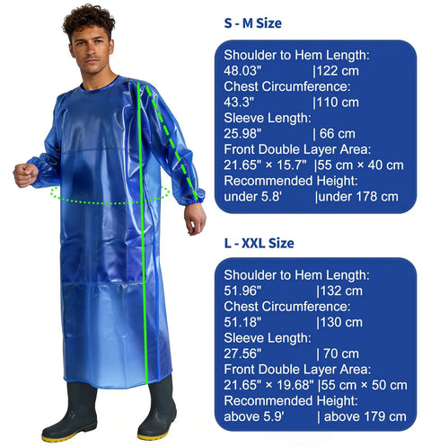 Model wearing Tough As Nails Heavy Duty Chemical Resistant Apron With Sleeves For Oil And Acid, Waterproof PVC, Size S M, Royal Blue