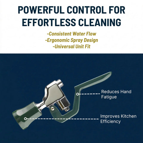 Royal Series Pre-Rinse Spray Head Valve for Efficient Cleaning, ergonomic grip, green, labeled benefits, universal fit for kitchens.