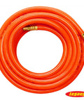 Orange 3/8 Inch Air Hose, 50 Ft With 1/4 Inch MNPT Fittings, PVC Reinforced By Polyester Yarn, coiled and visible fittings