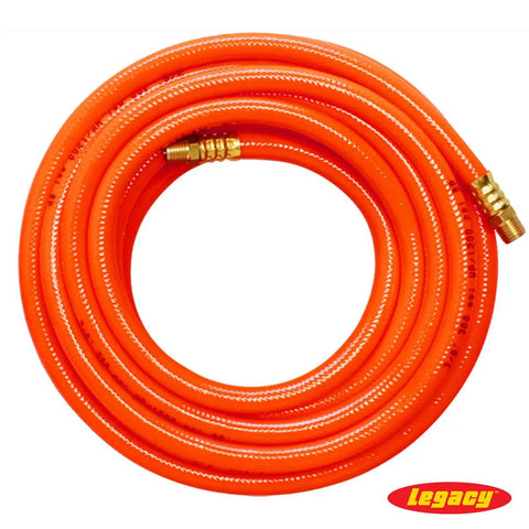 Orange 3/8 Inch Air Hose, 50 Ft With 1/4 Inch MNPT Fittings, PVC Reinforced By Polyester Yarn, coiled and visible fittings