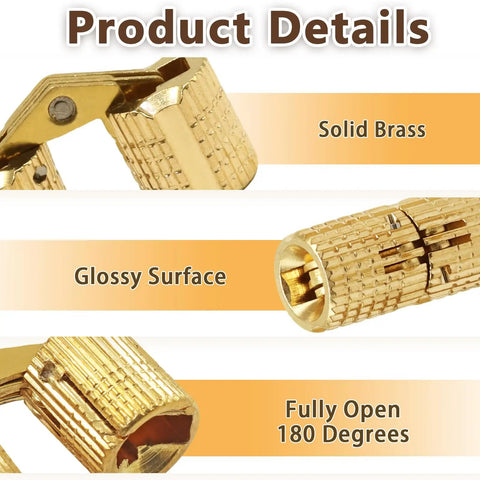 Four Pack Premium Solid Brass Construction 14mm Brass Barrel Hinges Concealed Cabinet Hinges with 180 Degree Opening details