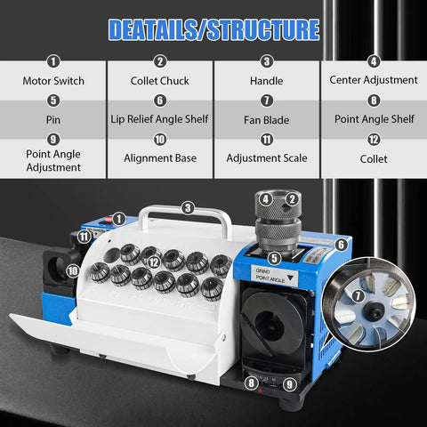 Top Notch Drill Bits Sharpener Machine For 3 To 20mm With 18 Collets, Adjustable Lip Relief And Point Angles, Portable Grinding Tool With CBN SDC Wheel structure and features diagram.