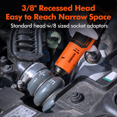 Three Eighths Inch Orange Electric Ratchet Wrench Set With 16.8V Power, 45 Foot Pounds Torque, 400 RPM, Dual Batteries, Fast Charger, Nylon Storage Bag, And Eight Removable Sockets For Home Garage