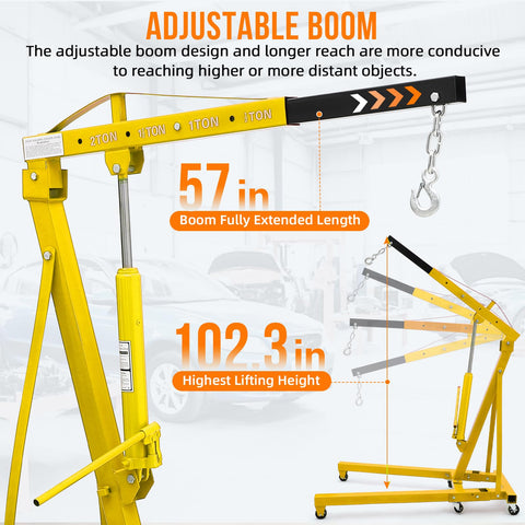 Beefy 2 Ton Folding Engine Hoist With Telescopic Boom And 6 Casters Heavy Duty Hydraulic Engine Shop Crane Lift 4400 Lb Capacity For Car And Truck Engines Red