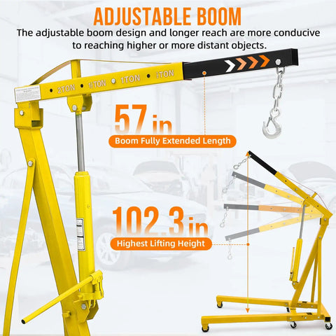 Heavy Duty 4000 Lbs Engine Hoist Featuring Slick Hydraulic Levers And A Fold Flat Boom Frame For Hassle Free Garage Tidying, showing adjustable boom length and lifting height.