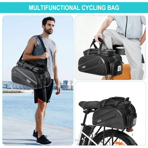 40L Hard Shell Rear Bike Rack Bag For Ebike Batteries And Gear, Multifunction Pannier Backpack For Travel And Commute, Rigid Side Panels, Expandable Side Pockets, Black
