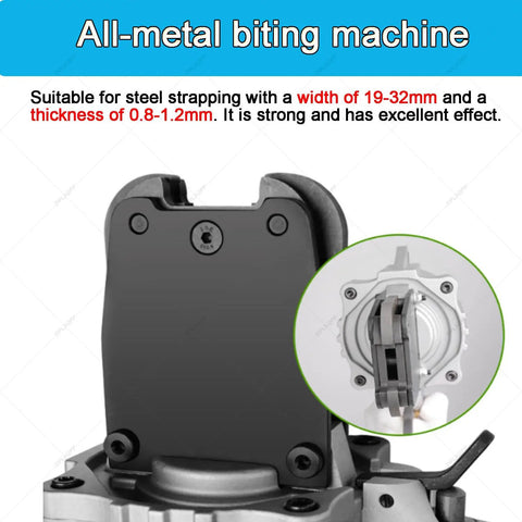 Commercial Pneumatic Strapping Machine Kit With A Lightweight Split Body Frame details, showing the all-metal biting machine head.