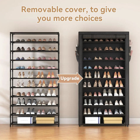 10 Tier Shoe Rack With Covers Large Capacity Stackable Tall Shoe Shelf Organizer for 50 to 55 Pairs, open and covered view