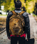 Person wearing the Wild Leopard Print Backpack For Everyone, Large Capacity Daypack, durable polyester, walking outdoors