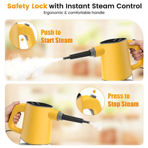 1200W Handheld Steam Cleaner Heats Up In Just 10 Seconds with safety lock and ergonomic handle for comfortable steam control.