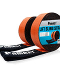 Heavy Duty Lift Sling Straps 2x15Ft Pack 18800 Pound Capacity Eye To Eye Nylon Rigging Straps shown in orange and black rolls