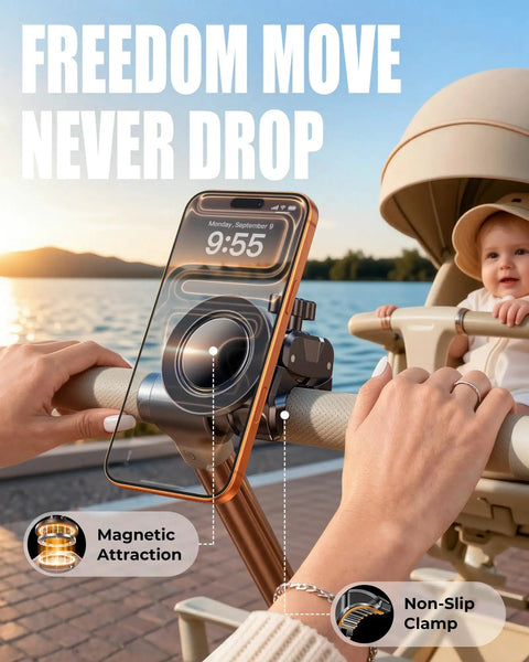 Magnetic Gym Phone Holder With Clamp For Treadmills, Exercise Bikes, Golf Carts And Shopping Carts in use on a stroller handle