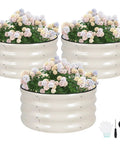 Three round raised garden bed set of 3 galvanized steel planter boxes 2x2x1ft with rubber edge trim in white filled with flowers.