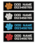 Custom Name Dog Patch 2 Pack Iron On Hook Loop Applique For Harness Vest Collar Accessories Reusable Paw Print Badge in vibrant colors.