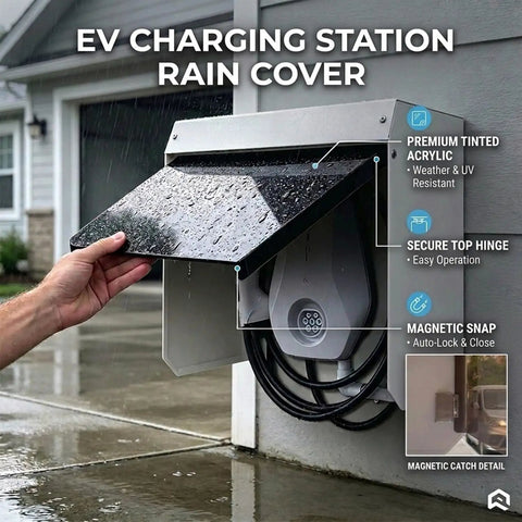 Built Different Outdoor EV Charger Enclosure Top Shelf Waterproof Rain Snow UV Guard with secure top hinge in use.