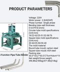 Intbuying 2.2KW Electric Pipe Tube Bender Roller Machine With All-Copper Motor For Cold Bending Round And Square Steel Bars, features product parameters and mold specifications.