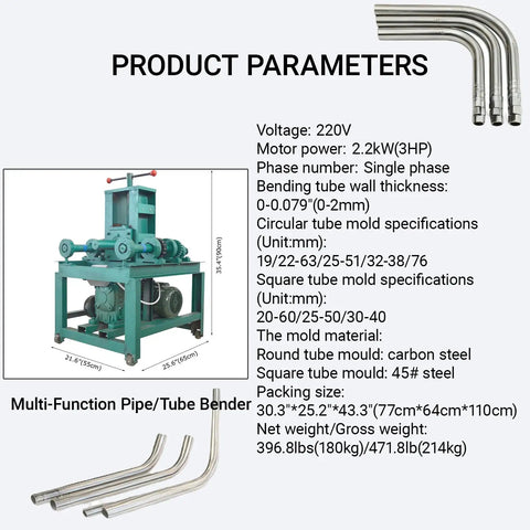 Intbuying 2.2KW Electric Pipe Tube Bender Roller Machine With All-Copper Motor For Cold Bending Round And Square Steel Bars, features product parameters and mold specifications.