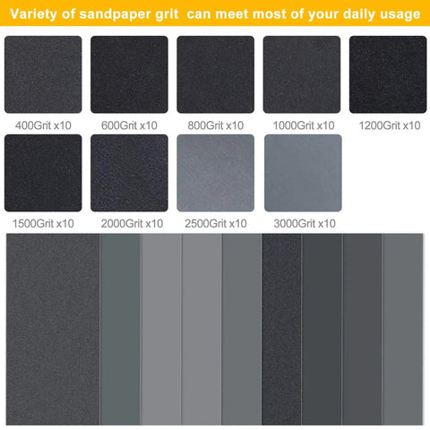 Assortment of Wet Dry Sandpaper Set With Sanding Sponge, 90-Piece Assorted Grit 400 to 3000, shown in various grit levels
