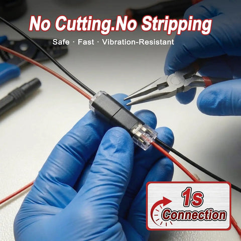 Hands using pliers with No-Strip Quick Connect Wire Connectors 50Pcs 2Pin Set With Locking Buckle for LED strip wiring.