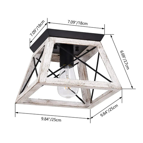 Farmhouse White Square Ceiling Light Fixture Semi Flush Mount With Rustic Iron Frame And Faux Wood Grain Finish
